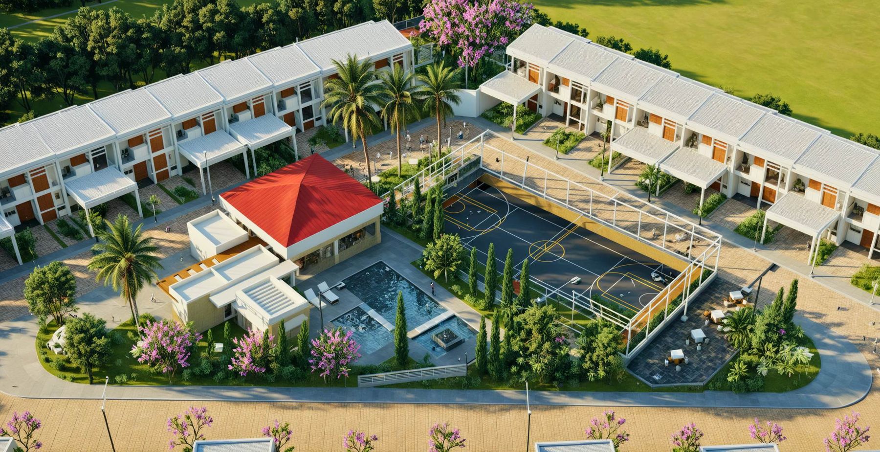 Vista aérea de la residencial con casa club y áreas verdes